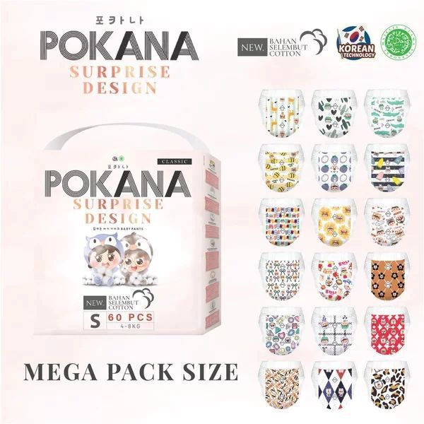 POKANA PANTS MEGA PACK BAHAN SELEMBUT COTTON COMFORT POPOK CELANA BAYI BABY DIAPERS JUMBO S60 M58 L4