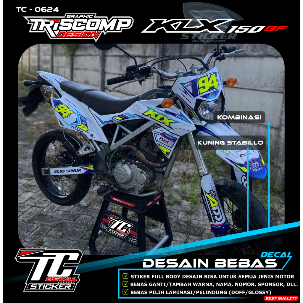 Decal Sticker KLX BF 150 new kombinasi kuning flo stabillo fullbody motif racing terbaru desain cust