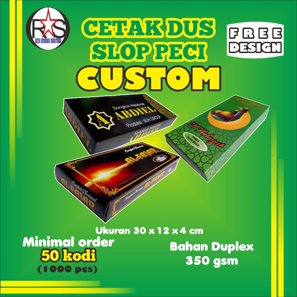 

Dus/Slop-Peci(Harga utk 1000pcs/50 kodi)desain sesuai keinginanmu-Free-Design/sesuai pesanan(bahan-Duplek-350gsm)