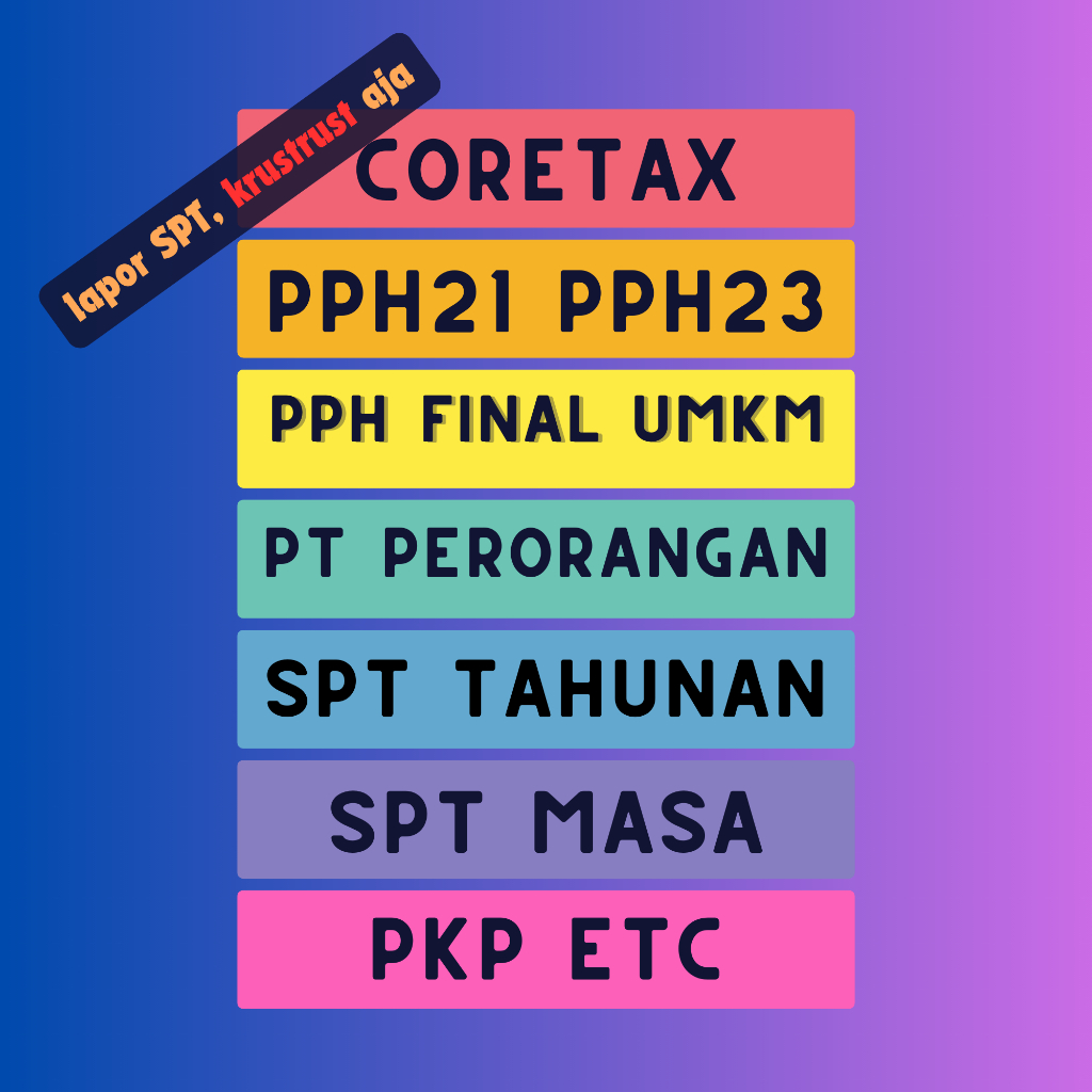 

JASA LAPOR SPT PAJAK PENGHASILAN SPT OP SPT BADAN PPH FINAL PASAL 21 PASAL 23 PASAL 25 PASAL 29