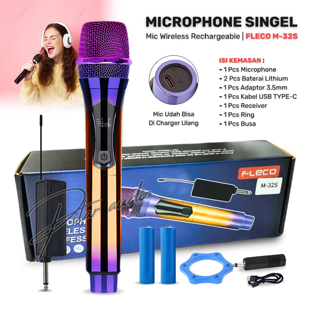Microphone Wireless FLECO M-32S Digital Display Profesional Mikrofon Karaoke Tanpa Kabel | Mic Singe