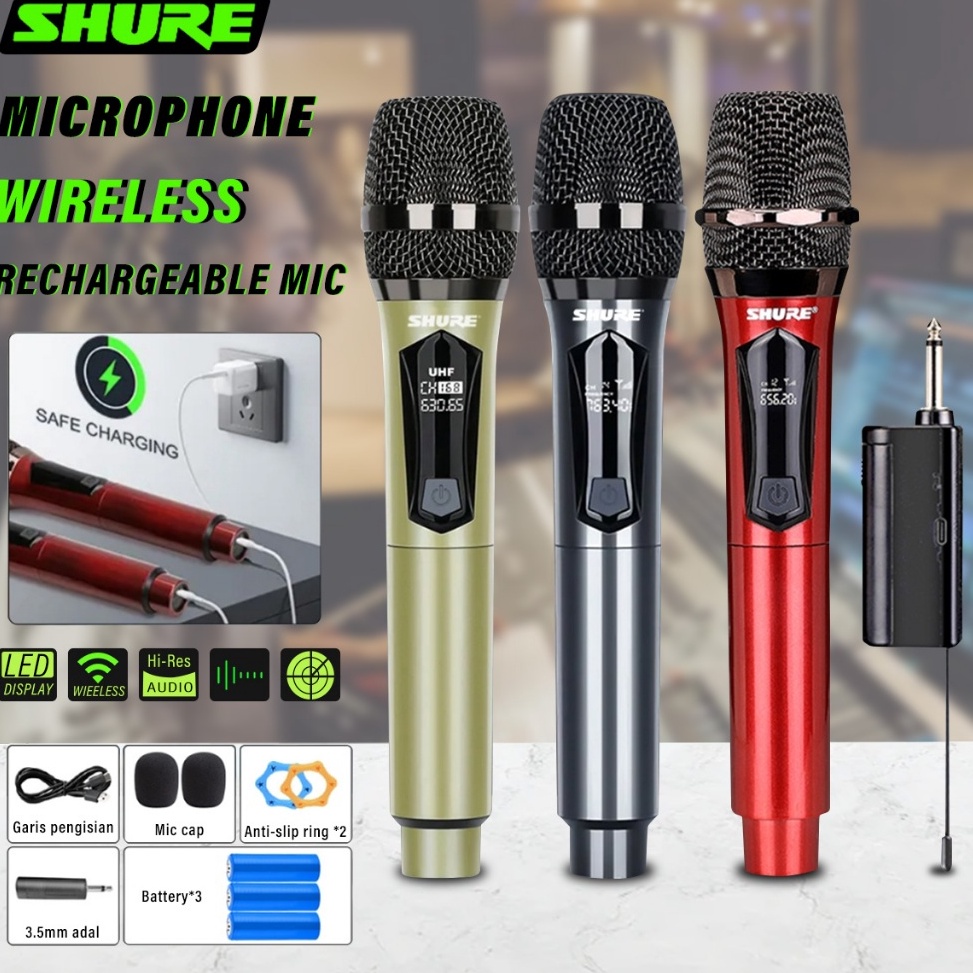 Barang Pilihan SHURE 32 Mic Wireless Advance mic Karaoke tanpa kabel UHF Mikrofon Genggam LED Double