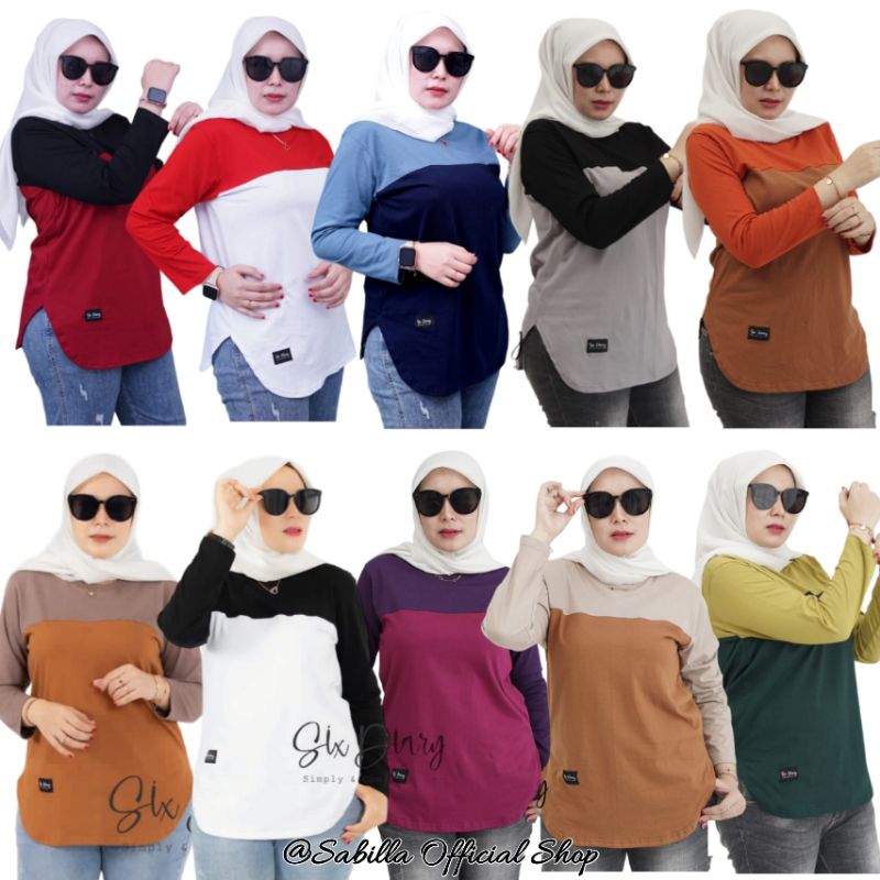 Atasan Wanita Six Diary | Kaos Oval Lengan Panjang Warna Kombinasi Six Diary