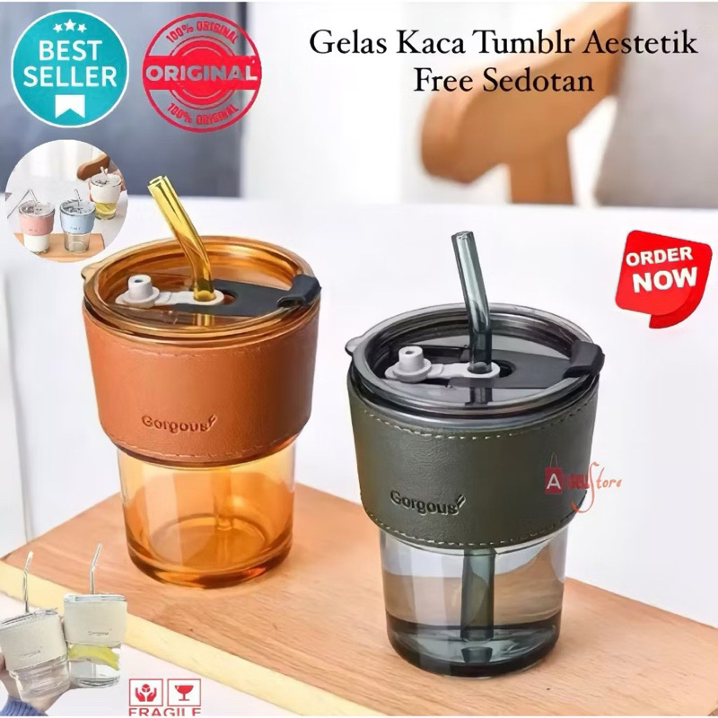 (BISA COD) PROMO Gelas Kaca Tumbler Aestetik / Gelas Minum Kaca Simple Elegan Water Bottle Cup for C