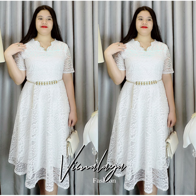 Dress Brukat Putih Free Belt 5150 Gaun Pesta Wanita Mewah Casual