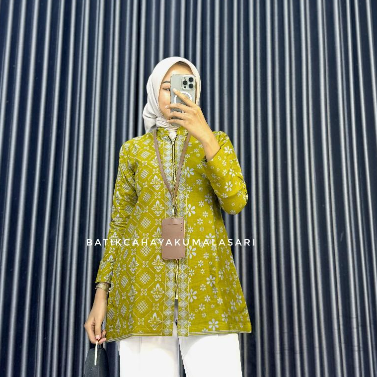 NEW Tunik Pendek Batik Wanita Lapis Trikot Motif ROMECCA LEMON - Atasan Kerja Wanita Kuning Lemon