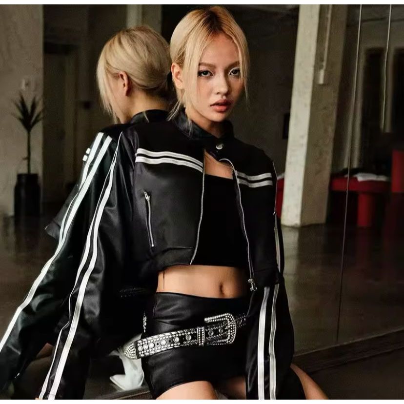 Jaket Kulit Wanita Crop TOP Garis Putih