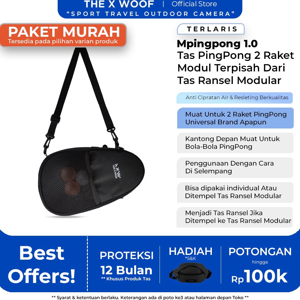 ART Q4P2 Tas Raket Pingpong 2 Bet Bat Tas Raket Tenis Meja Anti Cipratan Air The X Woof Mpingpong