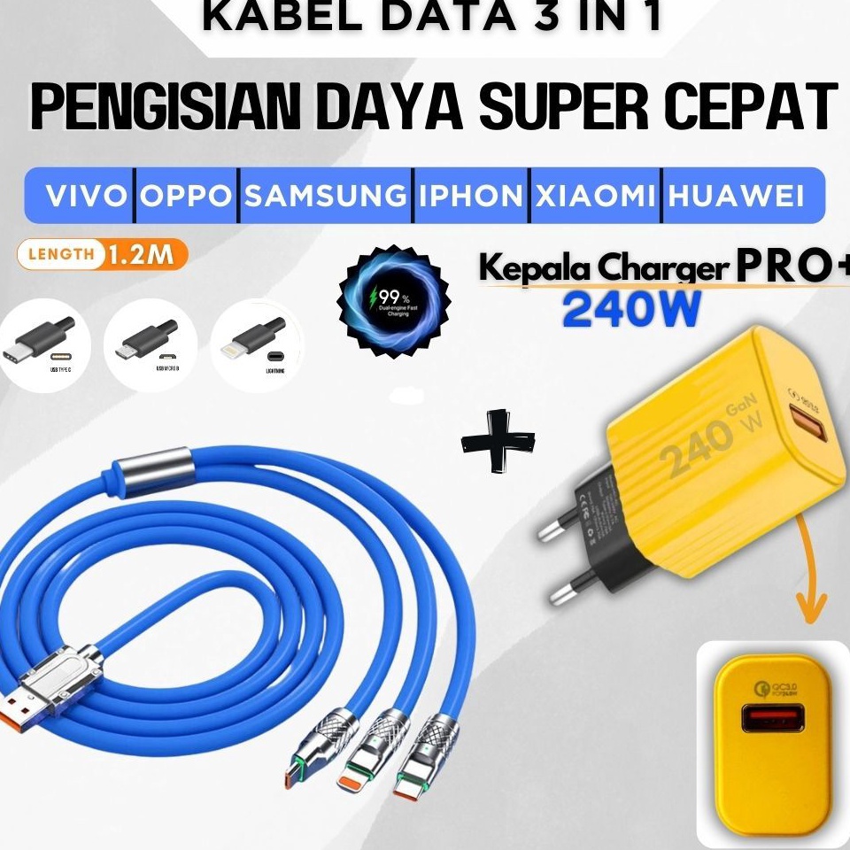 Terlaris Dapat Charger CepatKABEL Data 3 IN 1 Fast Charging 24W 6A Type C MICRO USB IOS LIGHTNING 12