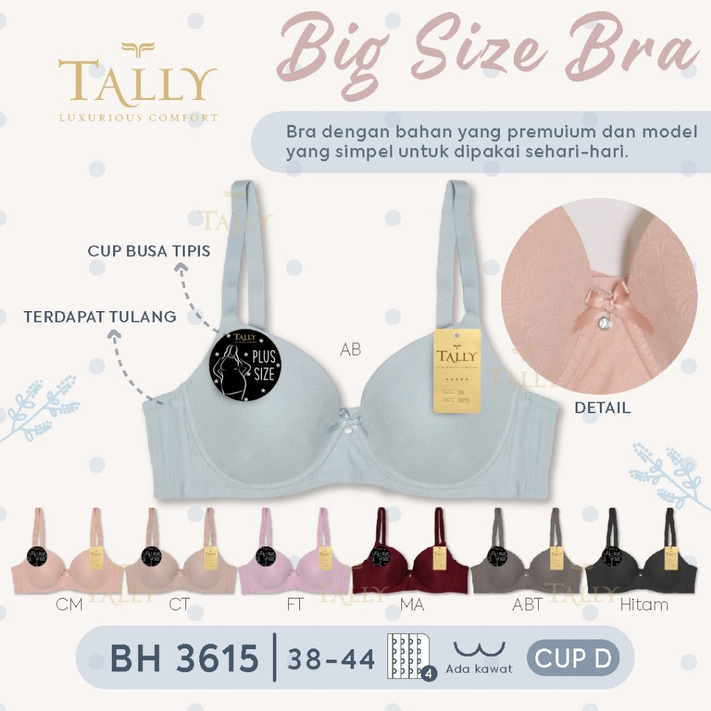 PROMO 3 PCS BRA TALLY BIG SIZE KAIT 4 BUSA TIPIS TANPA KAWAT BH 3615 CUP D