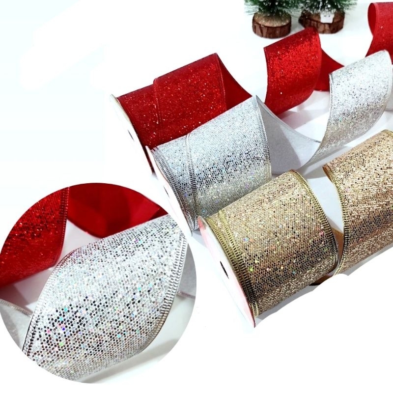 

Pita Glitter Mote 6.3 CM Merah Gold Silver Hiasan Kado Natal Termurah Christmas Tree Ribbon