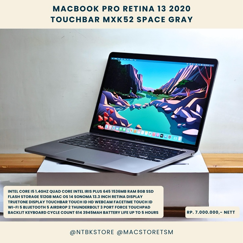 MacBook Pro Retina Touchbar 13 2020 MXK52 core i5 1.4Ghz quad core 512GB SSD 8GB RAM 13.3 inch