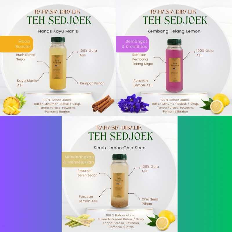 

paket hemat teh sejuk/ teh sedjoek/ teh herbal/ herbal/ lemon sereh bunga telang, nanas, kayu manis