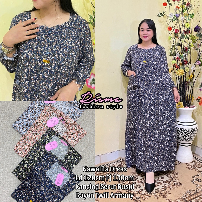 Dress Rayon Nawalita motif bunga model serut depan kancing busui dress wanita kekinian bahan rayon t
