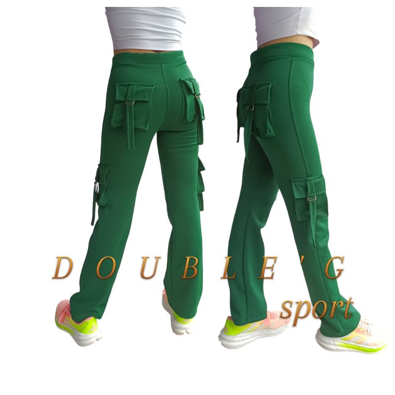 DUBLE'G SPORT Celana Senam Cargo Kantong empat/Celana Olahraga Wanita Panjang Strec ggang
