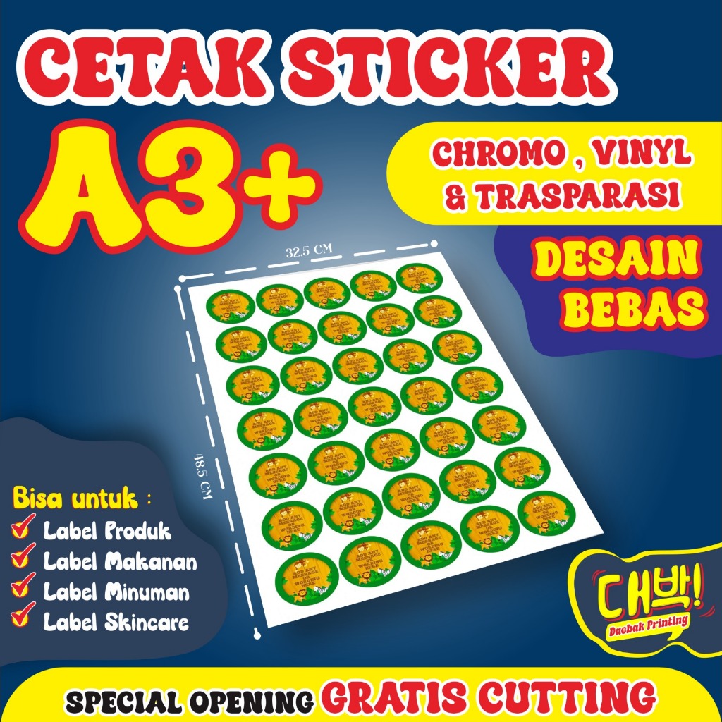 

Cetak Stiker Label Produk Custom A3+ (Chromo | Vinyl | Vinyl Transparant)