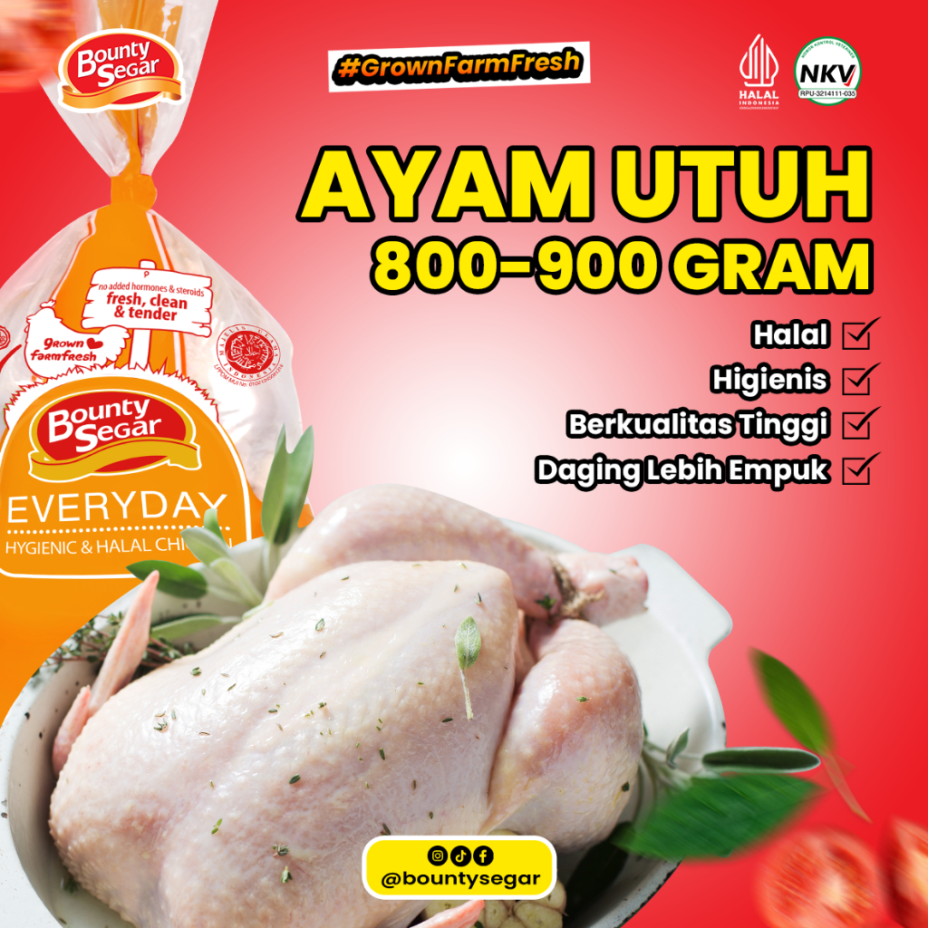 

Ayam Utuh Premium Beku/Frozen Bobot 800-900 gr | Bounty Segar