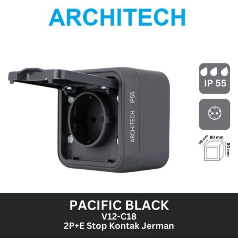 ARCHITECH Stop Kontak / Stop Kontak Waterproof ARCHITECH V12-C18 16A Hitam / Stop Kontak Outdoor Bla