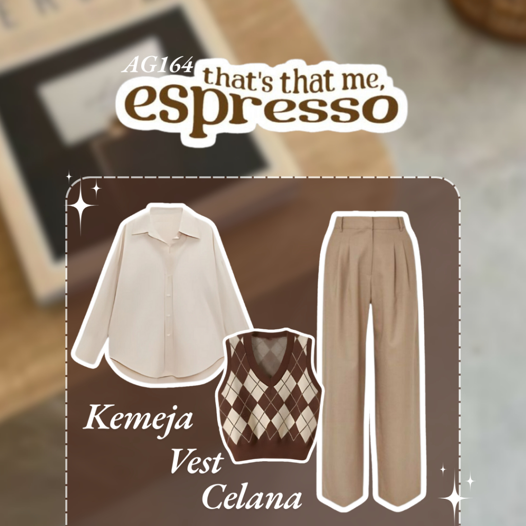 OOTD Korean Style Wanita Kekinian Outfit Korean Style Kemeja Cream +Vest Diamond Coklat + Celana Cok