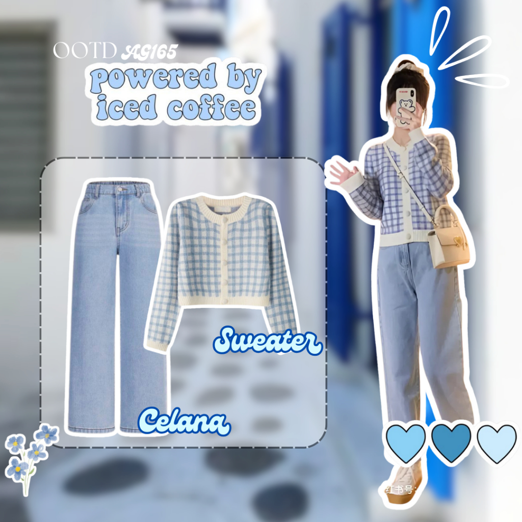 Outfit Set Korean Style OOTD Korean Style Sweater Korean Style Blue Set Celana Jeans Ice Blue Outfit