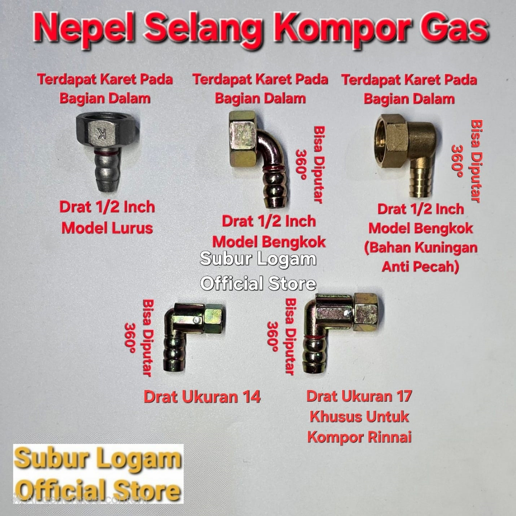 Nepel Selang untuk Kompor Gas Tanam Panggangan Water Heater Oven Ukuran 14 17 1/2 inch 1/2" Segala M