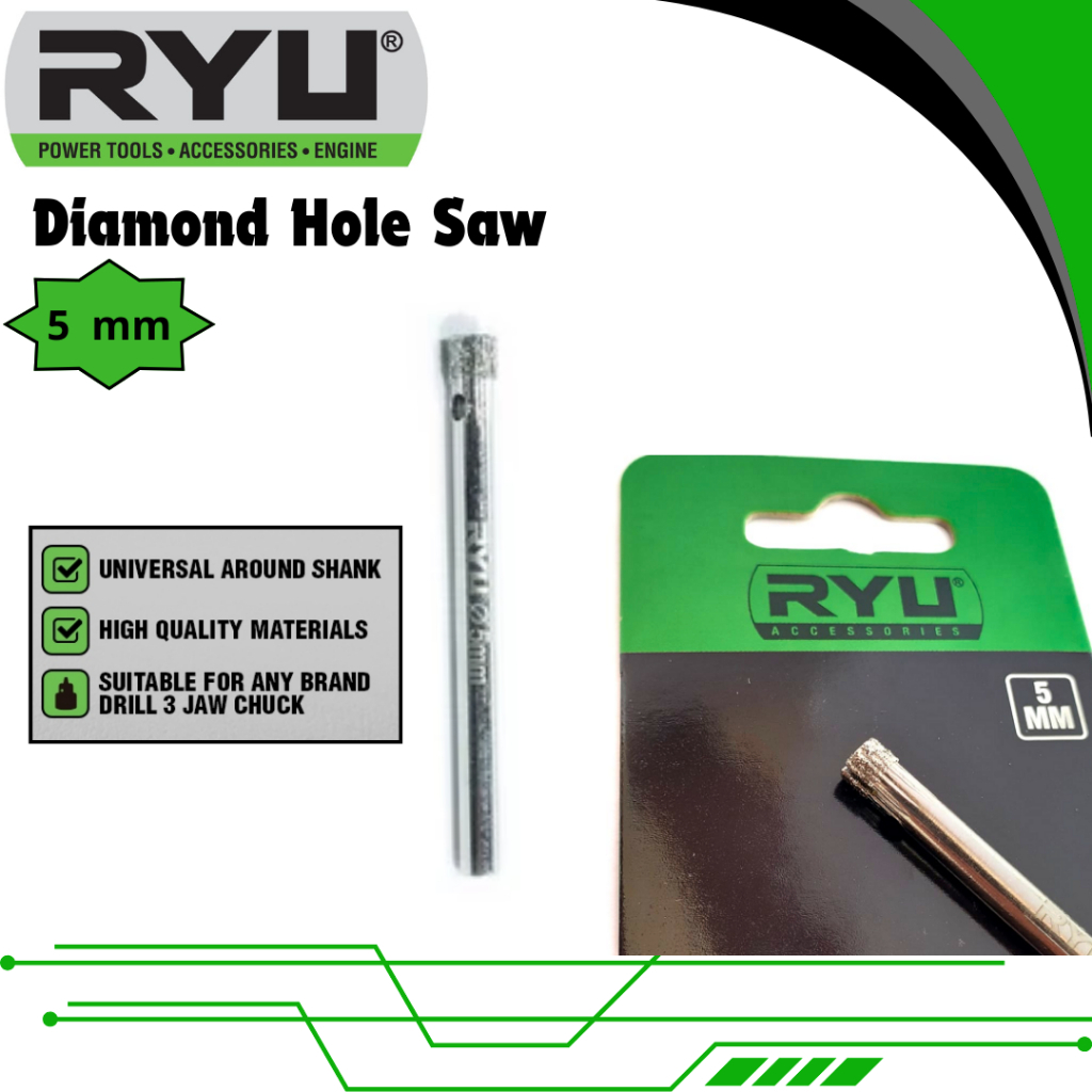 RYU Diamond Holesaw 5 × 55mm / Diamond Holesaw 5 mm / Mata Bor Kaca Drill Bit