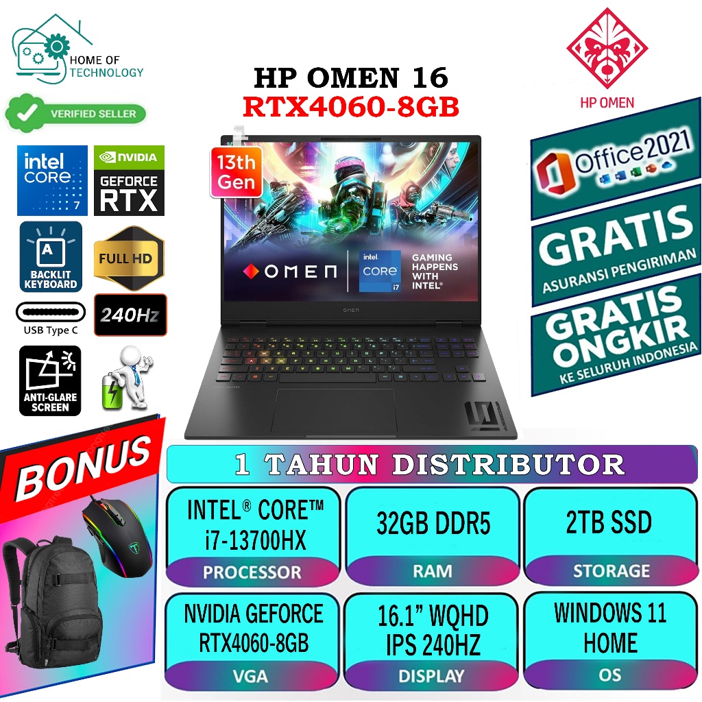 Laptop Gaming Hp Omen 16 RTX4060-8GB Intel I7 13700HX Ram 32GB DDR5 SSD 2TB Nvme 16.1 WQHD IPS 240Hz