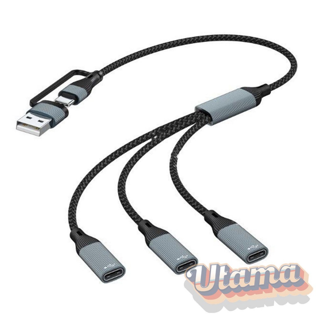 Usb & Type C Male Ke 3 Type C Female Adapter Transmisi Data Pengisi Daya Kabel Converter Splitter Ca