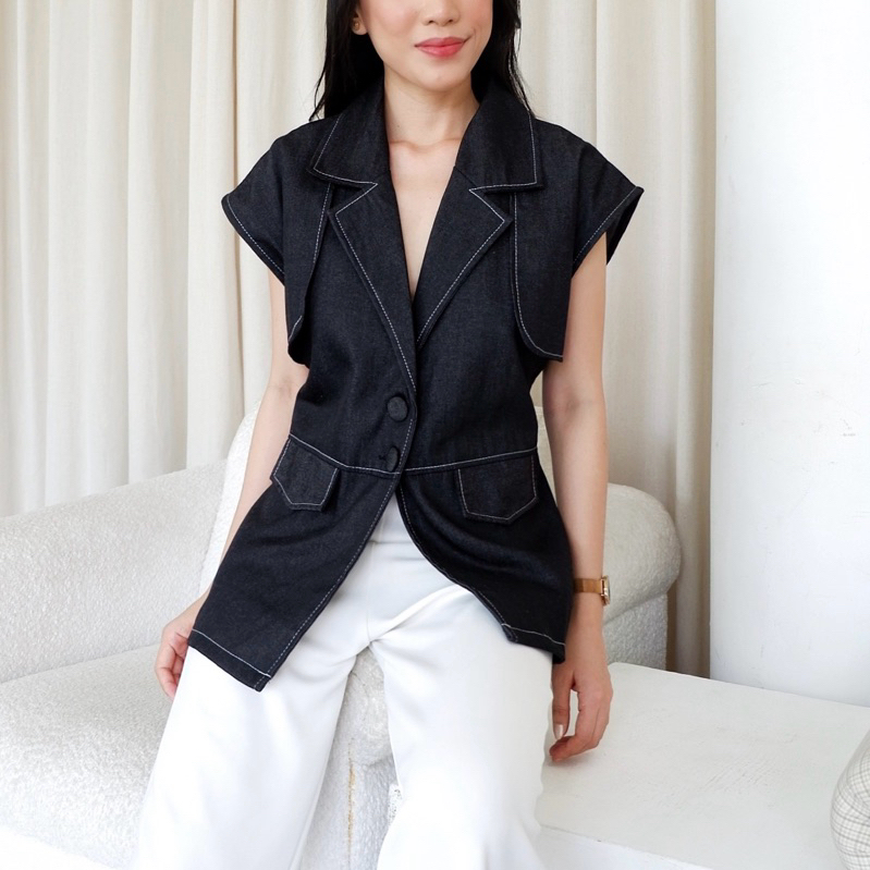 Modenica - Blanc Denim Top Atasan Kerja Wanita Blouse Wanita Hitam Vest Denim Baju Denim Wanita Deni