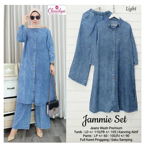 Favoritmu.id~Jammie Set Long Jeans Setelan HQ Denim Washed Setelan Celana Baju Tunik Wanita Kekinian