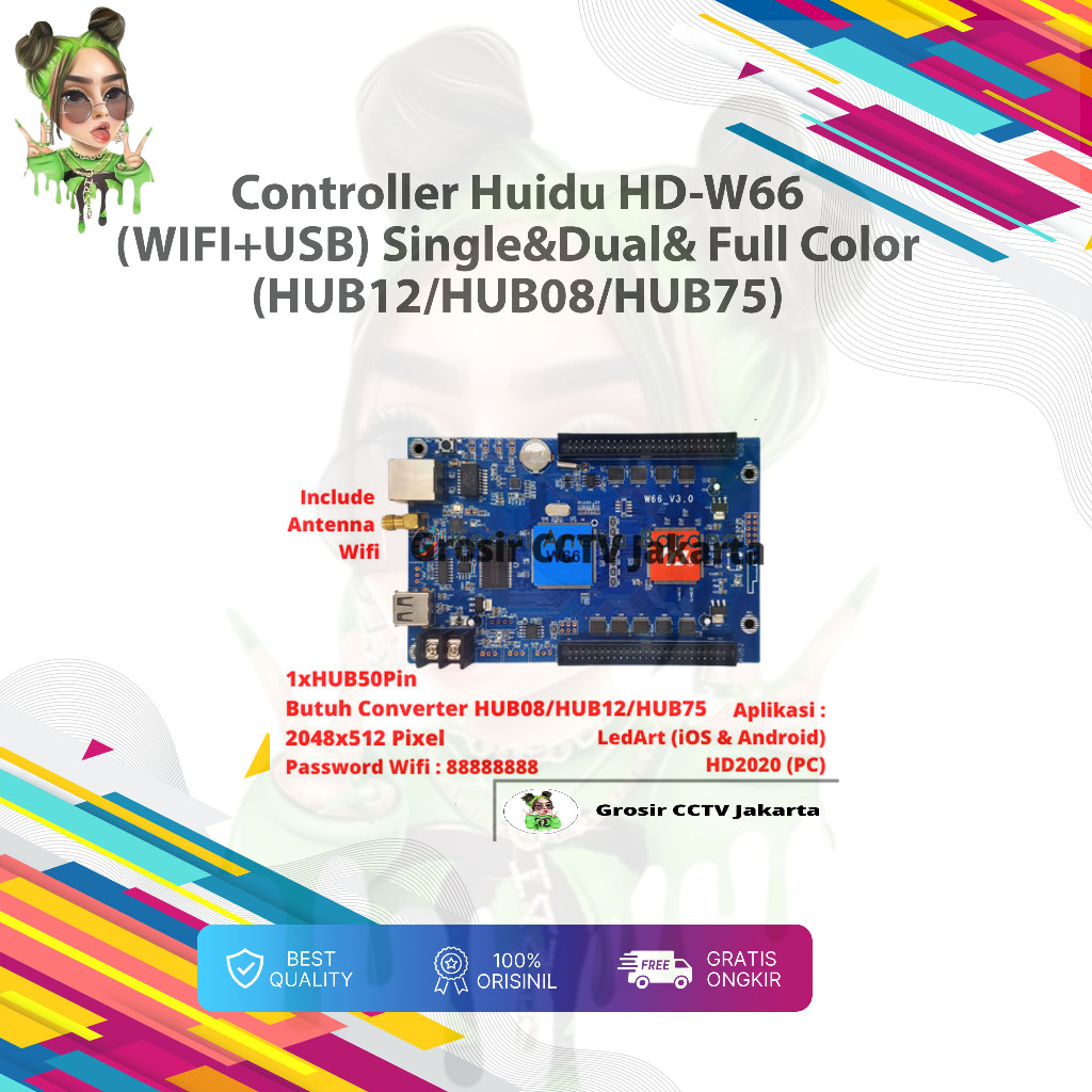 Controller Huidu HD-W66 Wifi USB RGB Full Color Running Text P10