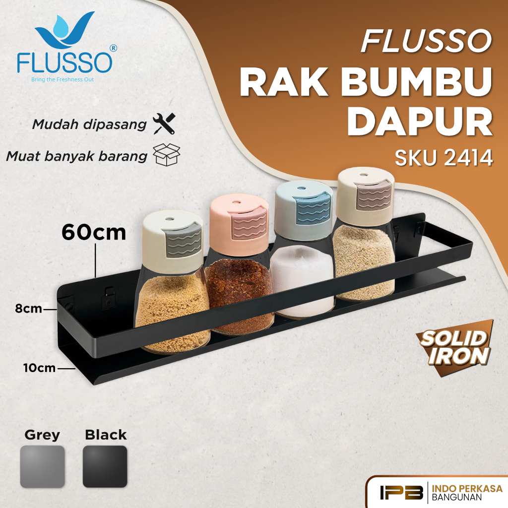 FLUSSO Rak Tempat Bumbu Dapur Dinding Stainless | Rak Gantung Dapur Serbaguna Stainless | Rak Bumbu