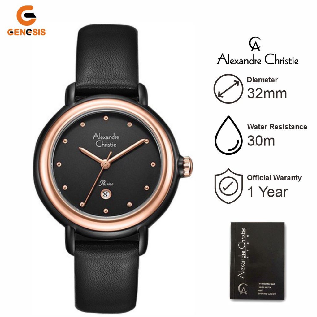 Jam Tangan Wanita Alexandre Christie AC 2963 LD LRGBA Analog Leather Strap Black Gold Original