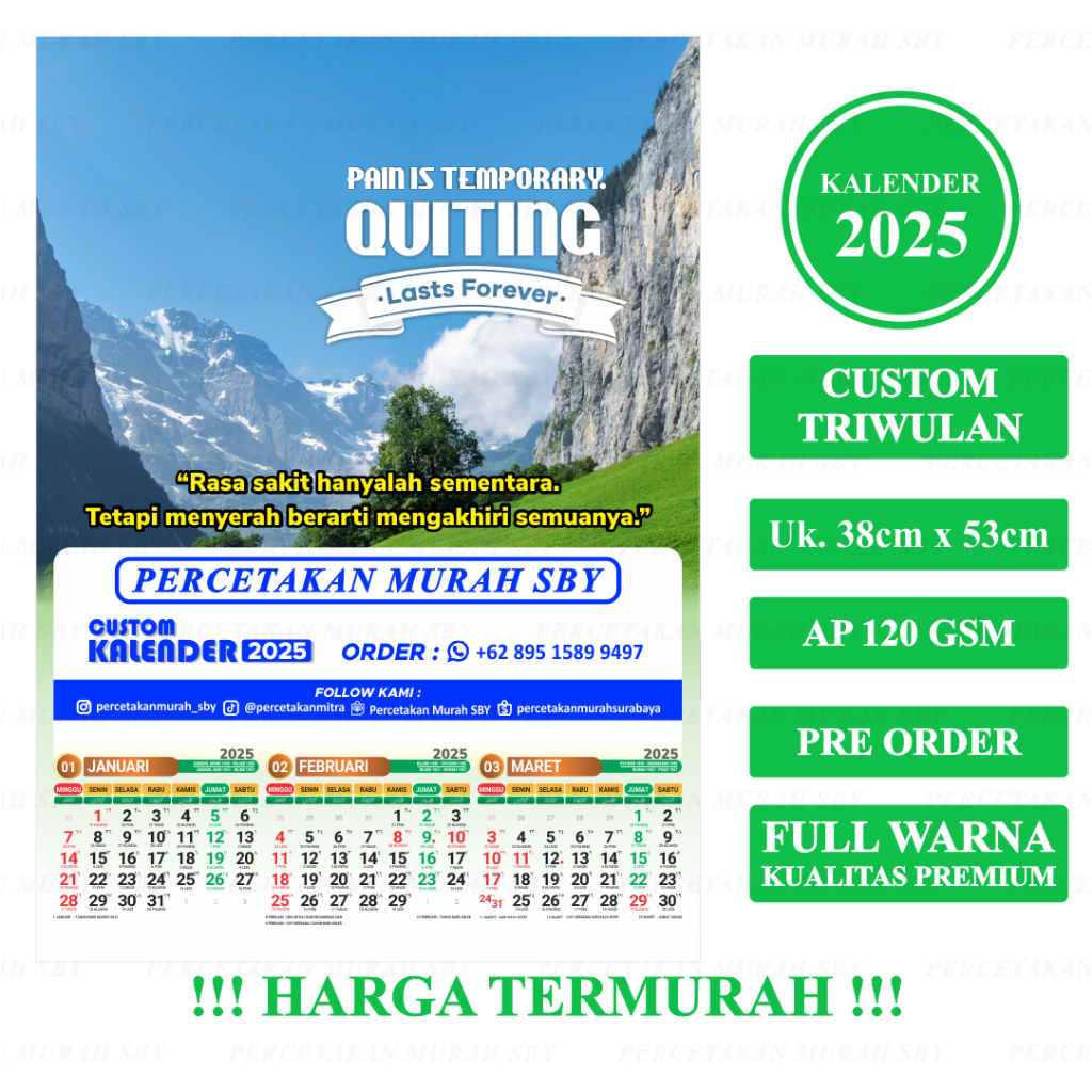 

TERLARIS Kalender dinding - Tahun 2025 - Triwulan - Custom Design - Ukuran 32 x 48 - Minim 1.000 Pcs