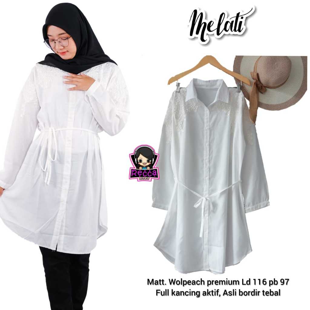 Baju Atasan Tunik Wanita Putih Bordir Bunga LD 120 Melati Jumbo Bigsize Bahan Wolpeach Recca