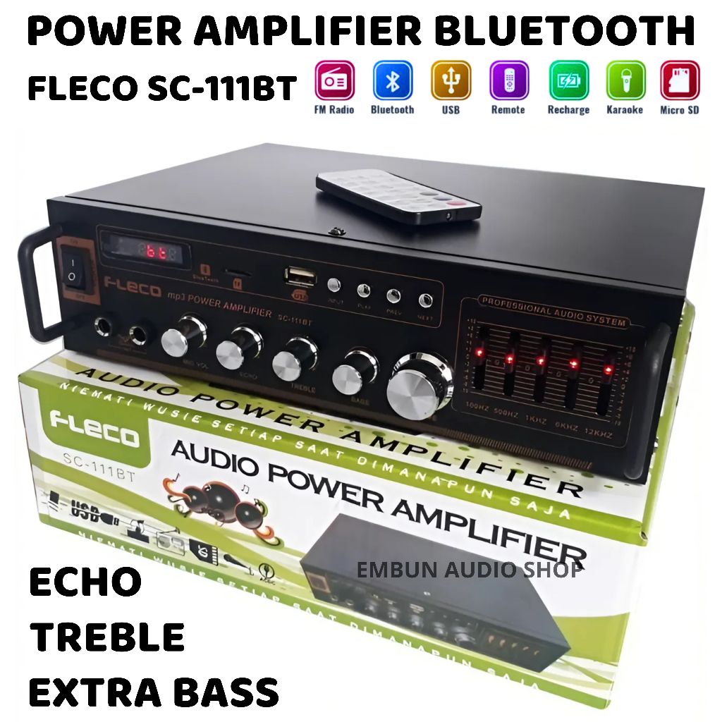 Amplifier Audio FLECO SC-111BT Bluetooth Karaoke - Audio Power Amplifier Mp3 Player - Amplifier Blue