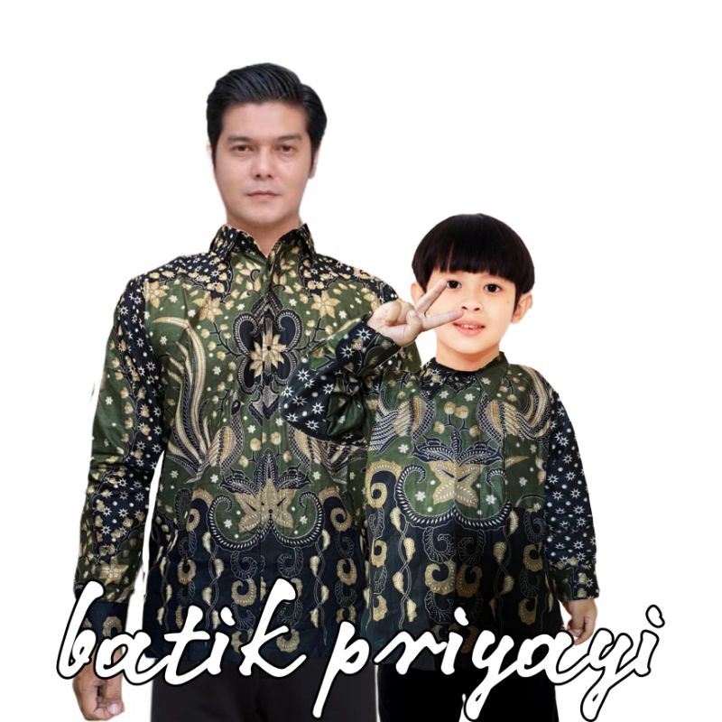 Kemeja Batik Anak Laki laki Warna Hijau Army Tua Batik Pria Dewasa Couple Batik Ayah dan Anak Laki L