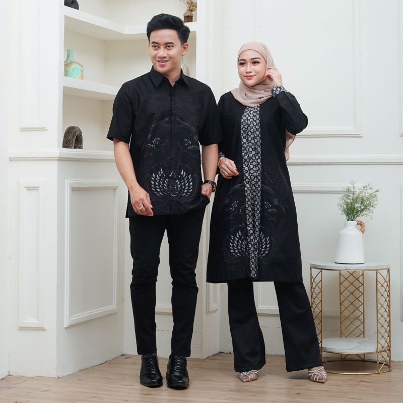 batik couple warnah hitam kombinasi abu abu , kemaja batik pria lenggan panjang dan pendek , perempu