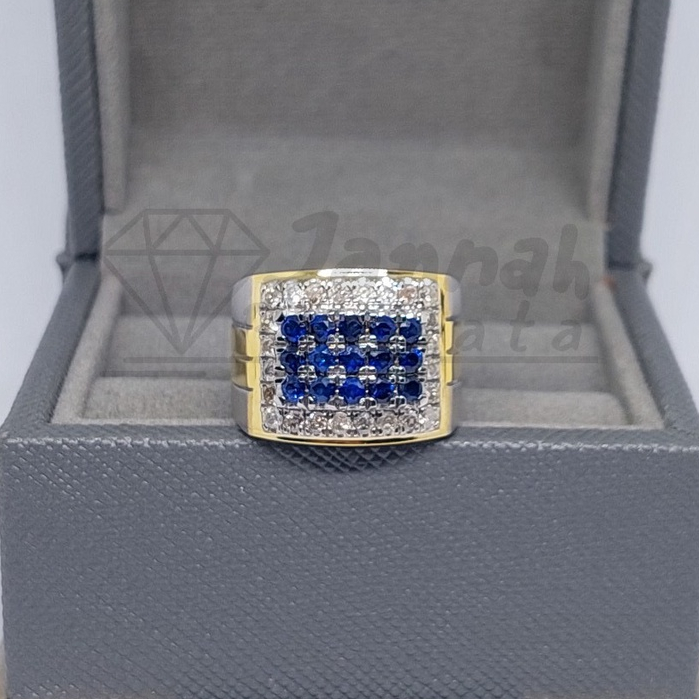 Cincin Berlian Pria Natural Berlian Asli Original Blue Sapphire Safir Diamond Intan Perak Murah
