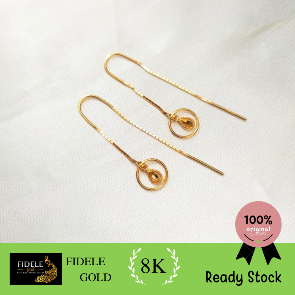 Anting bola panjang fashion hwt emas asli kadar muda 375 8k