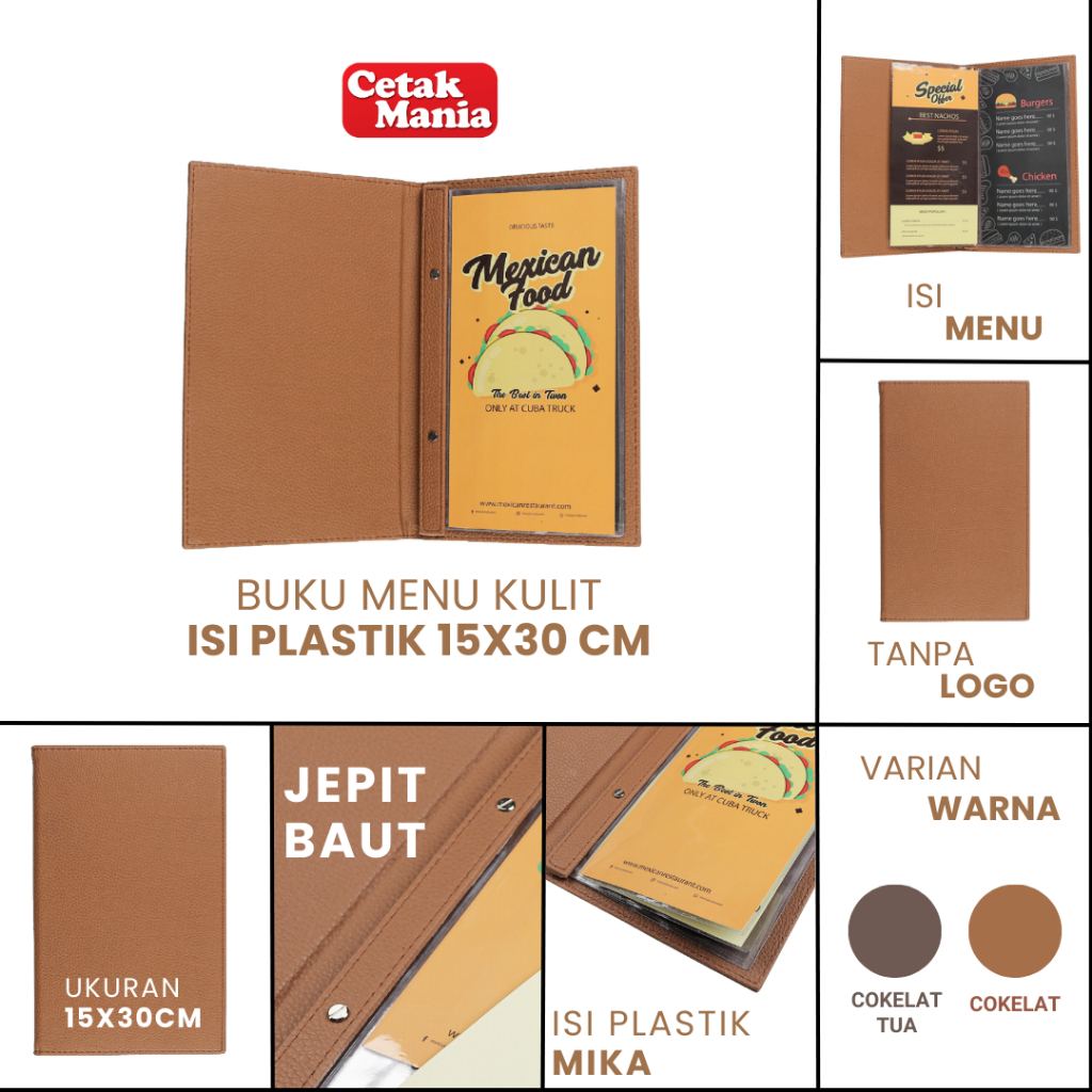 

RB Cetak Mania - Buku Menu Kulit Polos dan Logo Jepit Baut Isi Plastik Mika A4 & 15x30 Coklat muda,