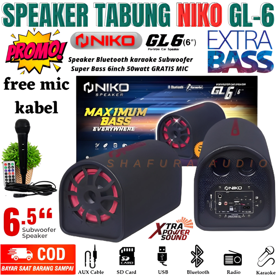 SPEAKER AKTIF BLUETOOTH NIKO GL6 SPEAKER BLUETOOTH KARAOKE SUBWOOFER SUPER BASS 6INCH ( FREE MIC ) |