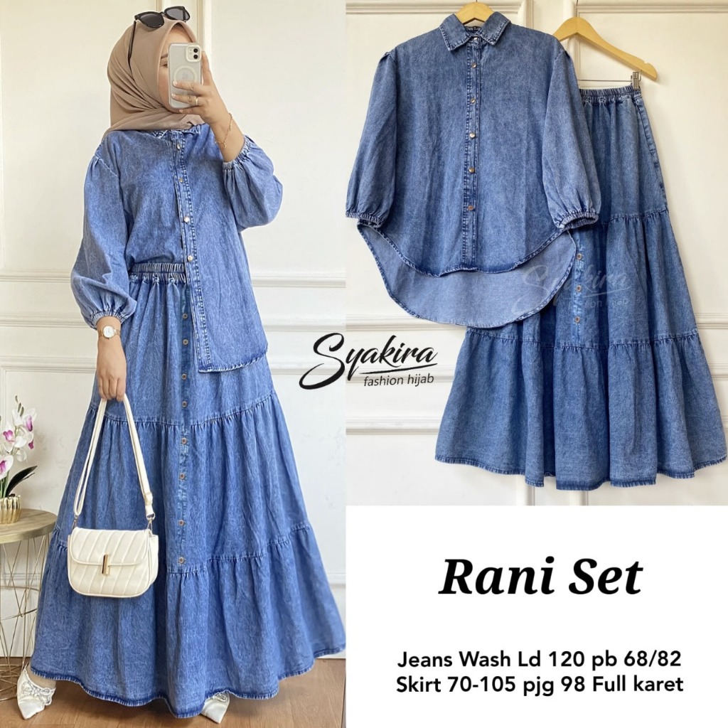 Setelan Wanita One Set Jeans Muslim Kekinian Rok Susun Jumbo Rani