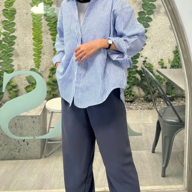 Saft Kemeja Salur Oversize | Kemeja Salur Jumbo | Atasan Salur Oversize | Kemeja salur Adem