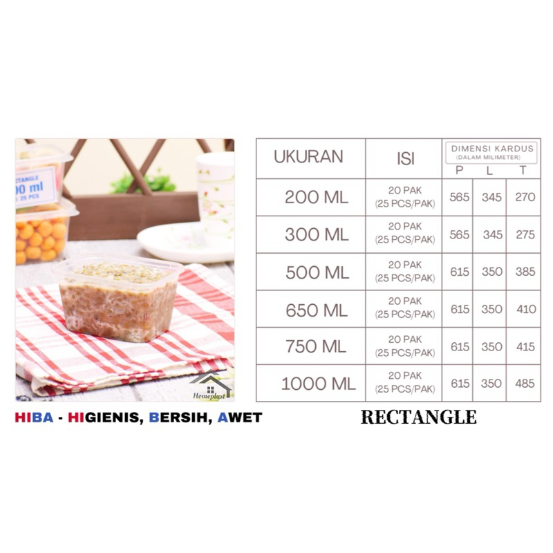 1DUS 1KARTON 20PACK THINWALL HIBA THINWALL RECTANGLE 200ML 300ML 500ML 650ML 750ML 1000ML KOTAK MAKA