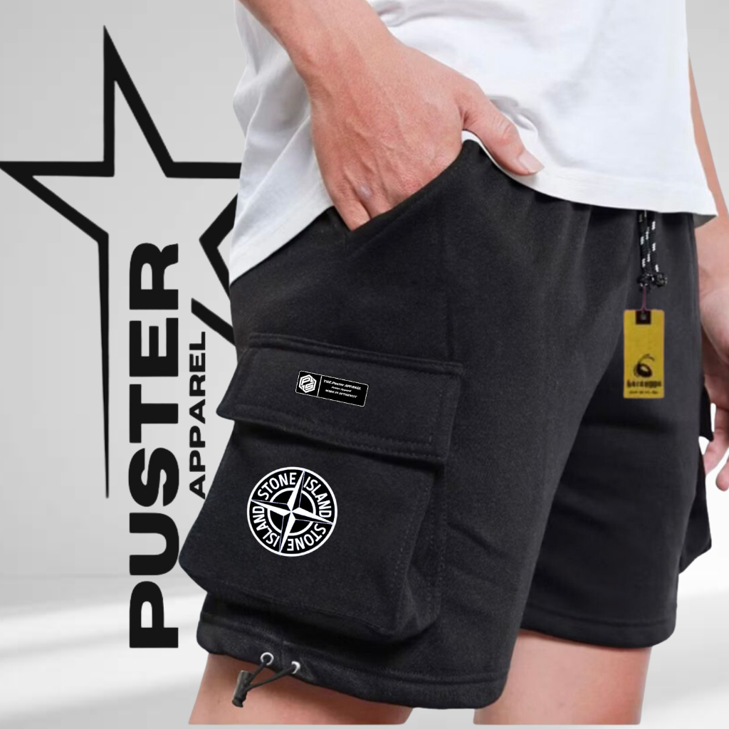 New Puster Apparel  Celana Cargo Pendek Pria Santai Stone Island Bahan Katun Fleece Adem Dan Lembut 