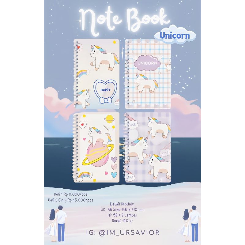 

Buku Catatan Notebook A5 Size 145 x 210 mm isi 58 + 2 lembar (UNICORN)