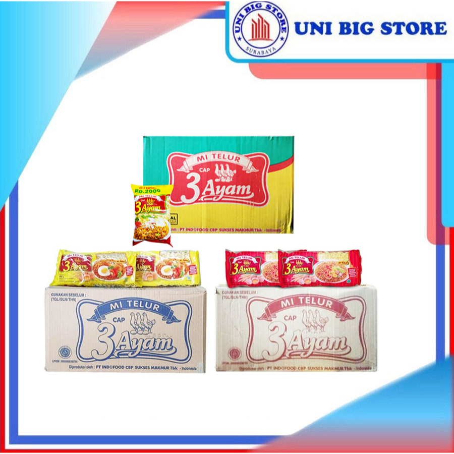 

Mie Telur Cap 3 Ayam Kuning / Mi pipih - Mi Telor Merah 200 gr x 20 pcs DUS