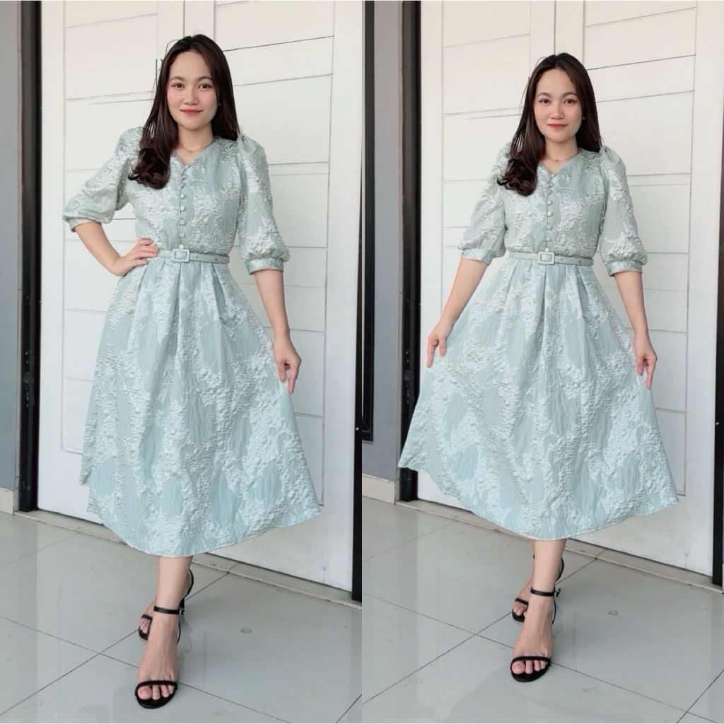 Emma.Butik E00208 Gaun Midi Jacquard Casual Formal Dress Mewah Elegan Dress Pesta Gereja Wanita