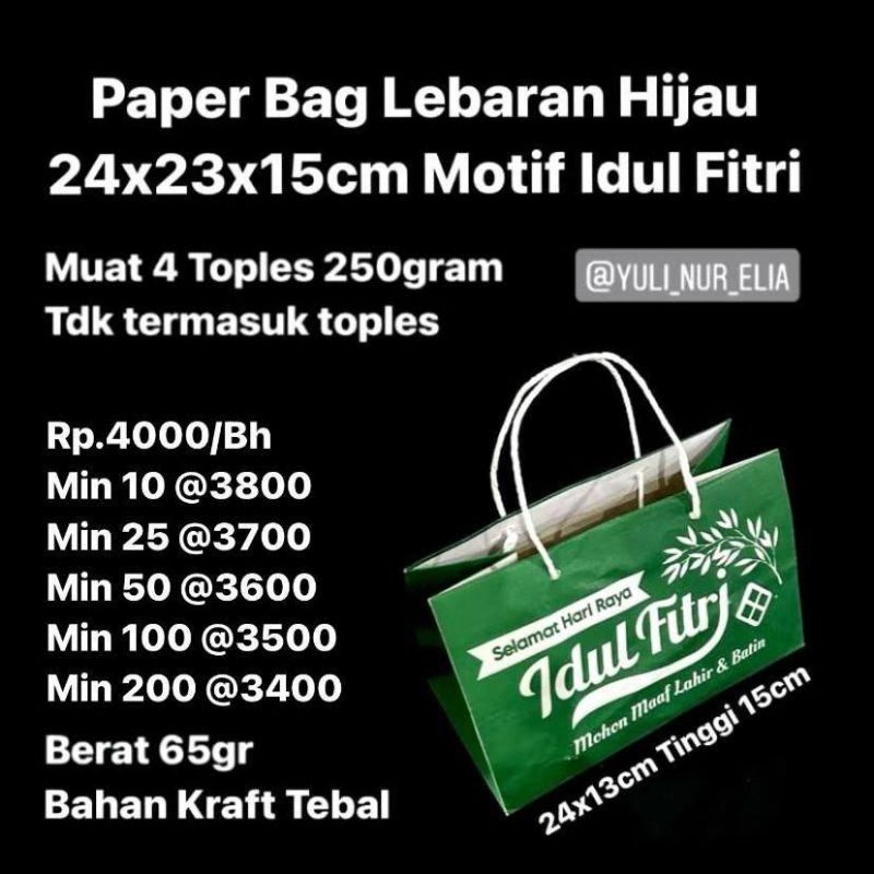 

Paper Bag Lebaran Hijau Uk 24x13x15cm Muat 4 Toples 250gram
